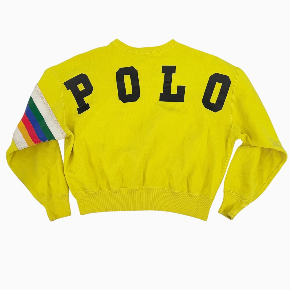 Polo Ralph Lauren Sweatshirt Womens XS Yellow Stripe Sleeve Fleece Back Graphic